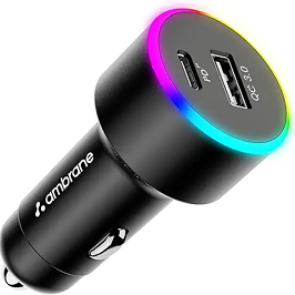 Ambrane 85W Car Charger, Mobile & Laptop Charging (Macbook & Type C Laptops), RGB Light, Dual Port Fast Charging, 65W Type C PD, 20W USB, Works with iPhone, Android, iPad